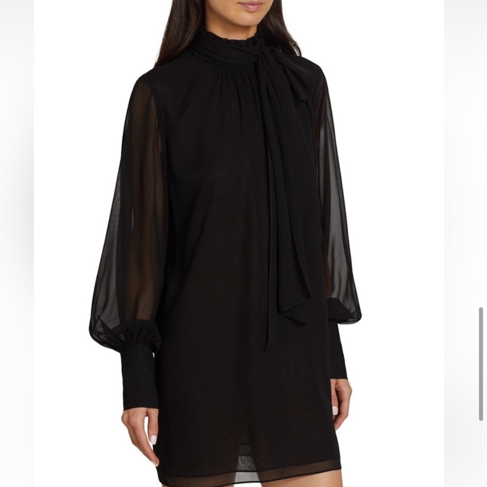 FRAME Tie Neck Long Sleeve Silk
Minidress In Noir
